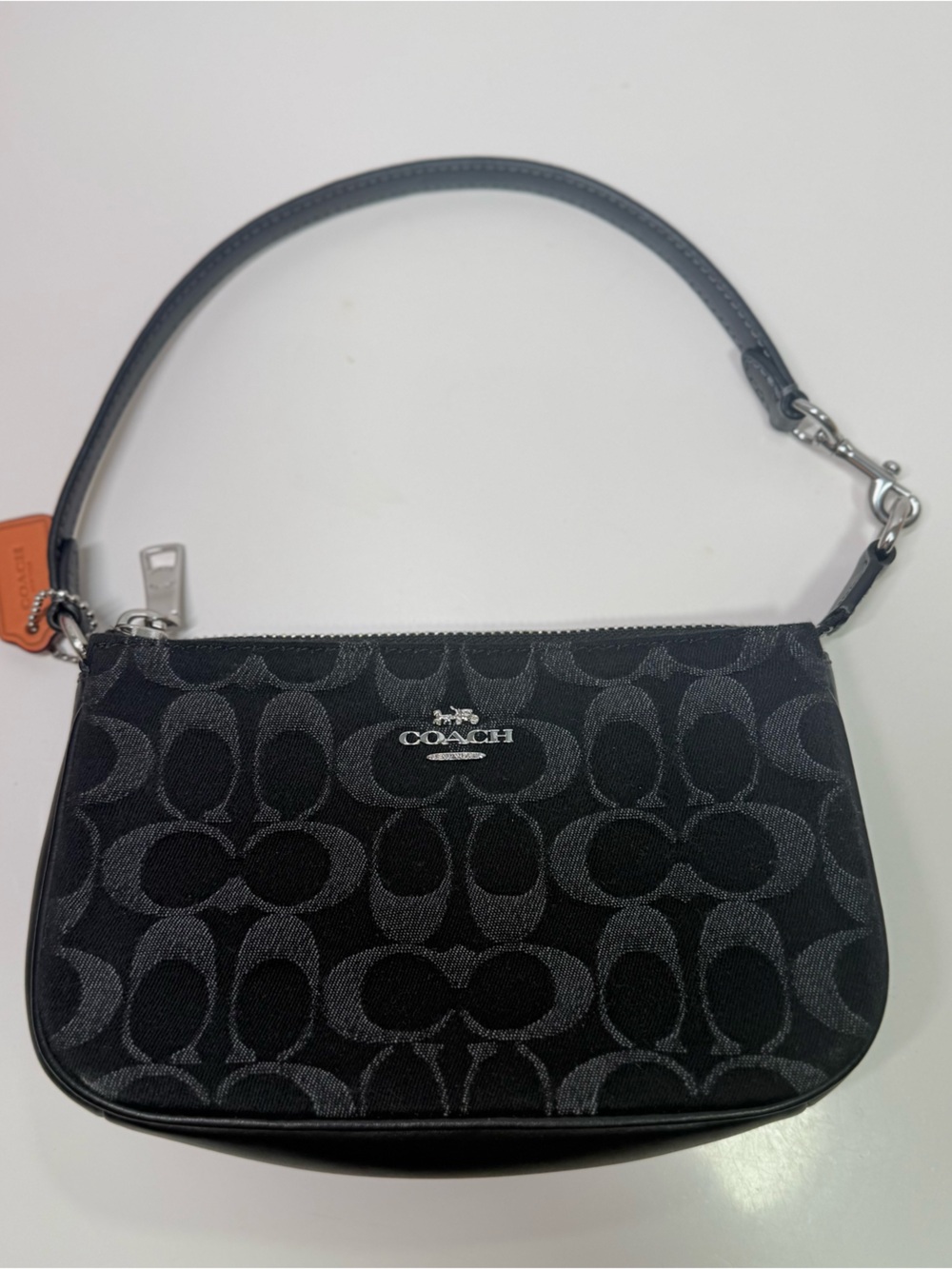 Coach Nolita 19 Black denim Signature Jacquard Wristlet with Orange Tag